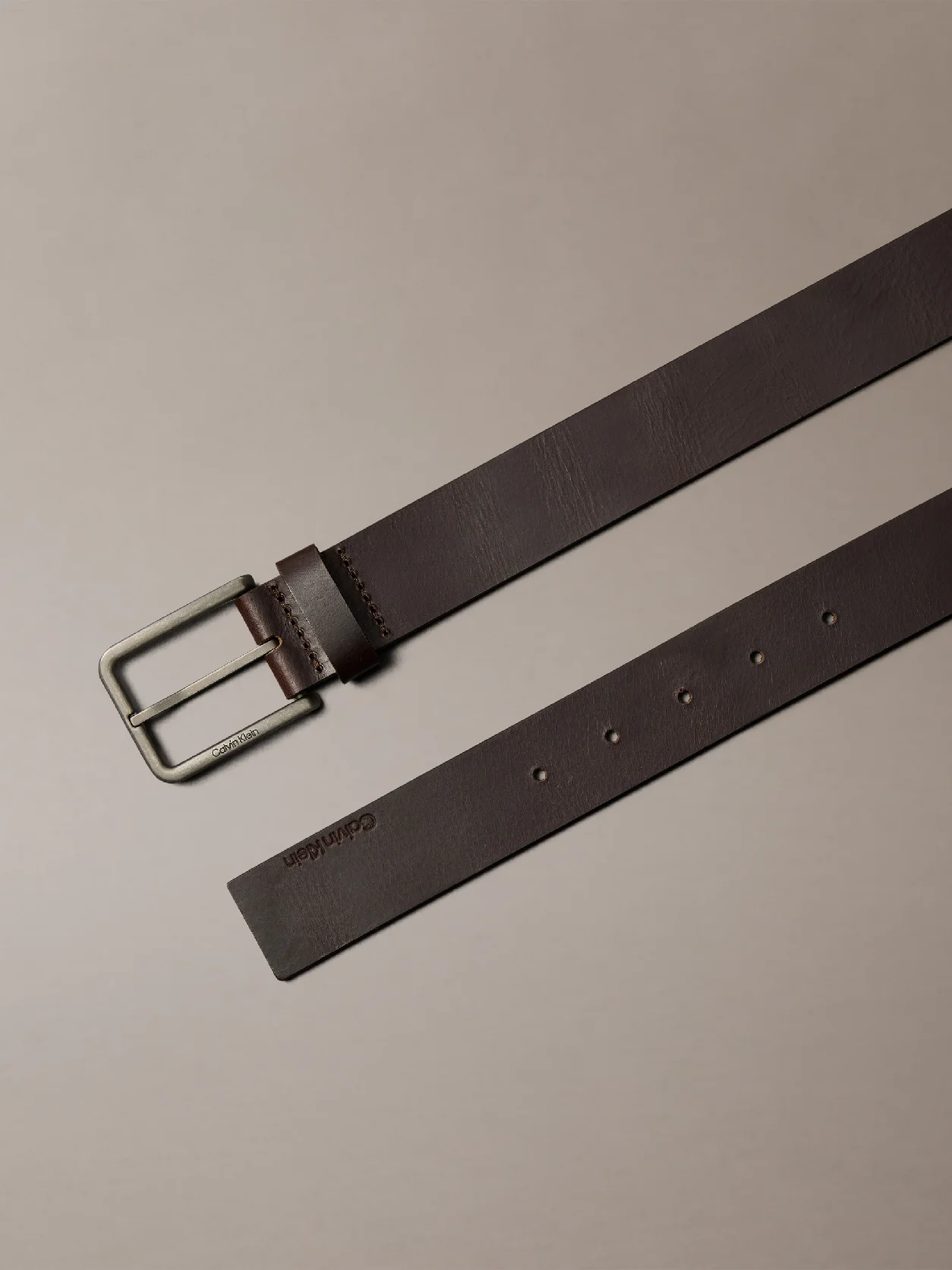 CK Dark Brown/Antique Silver Full-Grain Leather Belt