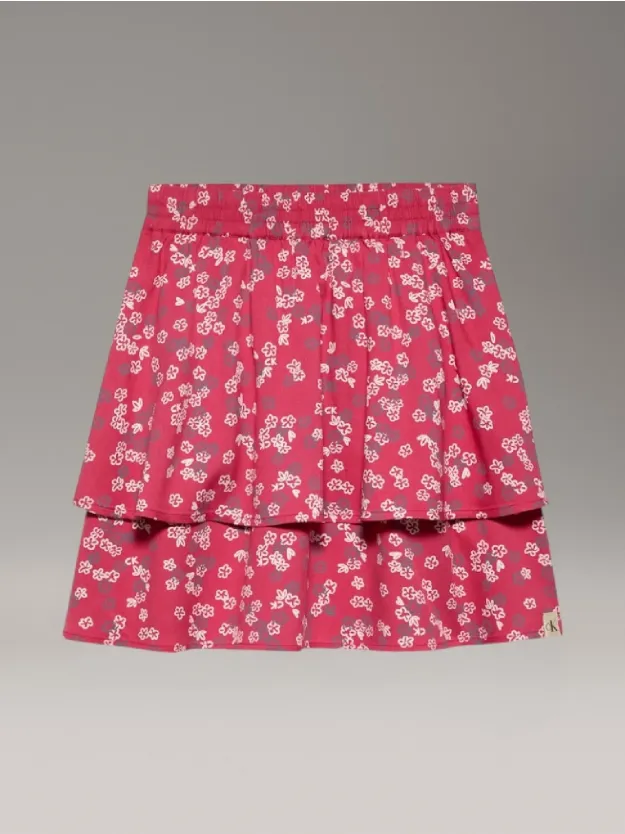 Deep Crimson Fruit Flower Aop Floral Flare Skirt