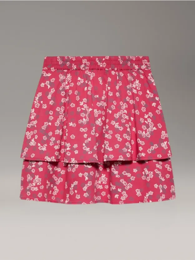 Deep Crimson Fruit Flower Aop Floral Flare Skirt