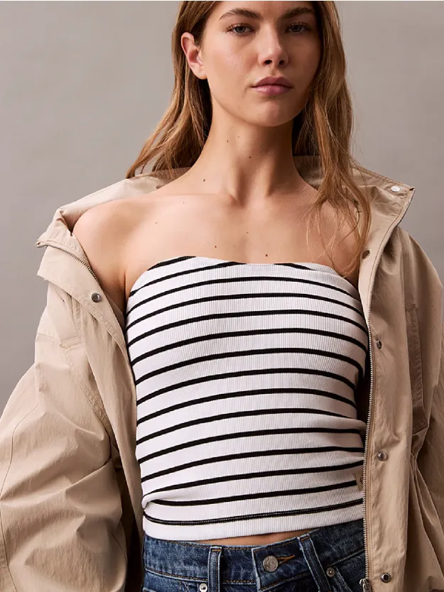 Brilliant White / Ck Black Stripe Ribbed Cotton Strapless Top