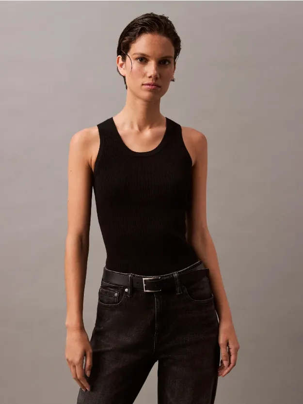 Black بلوزة بدون أكمام بنمط سترة مضلعة من القطن