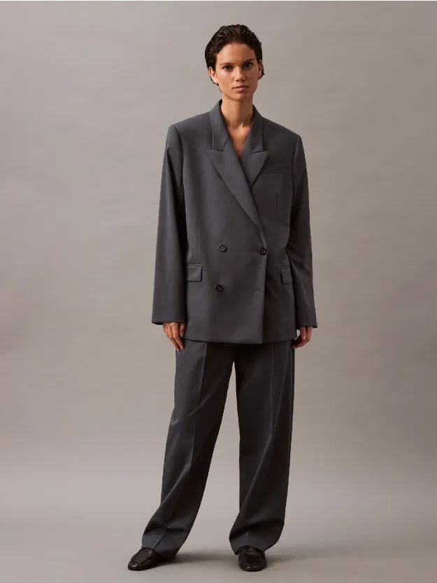 أزرق بنطال من مزيج الغبردين والصوف مزين بكسرات