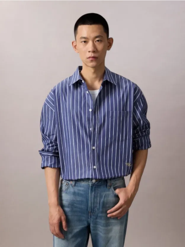 Signature Navy Oversized Stripe Long Sleeve Shirt