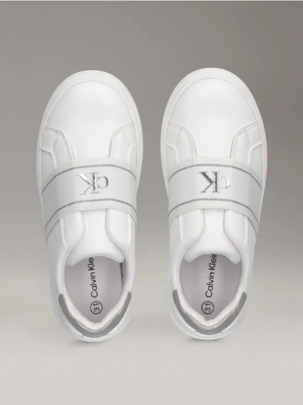 WHITE/SILVER Kids Slip-On Trainers