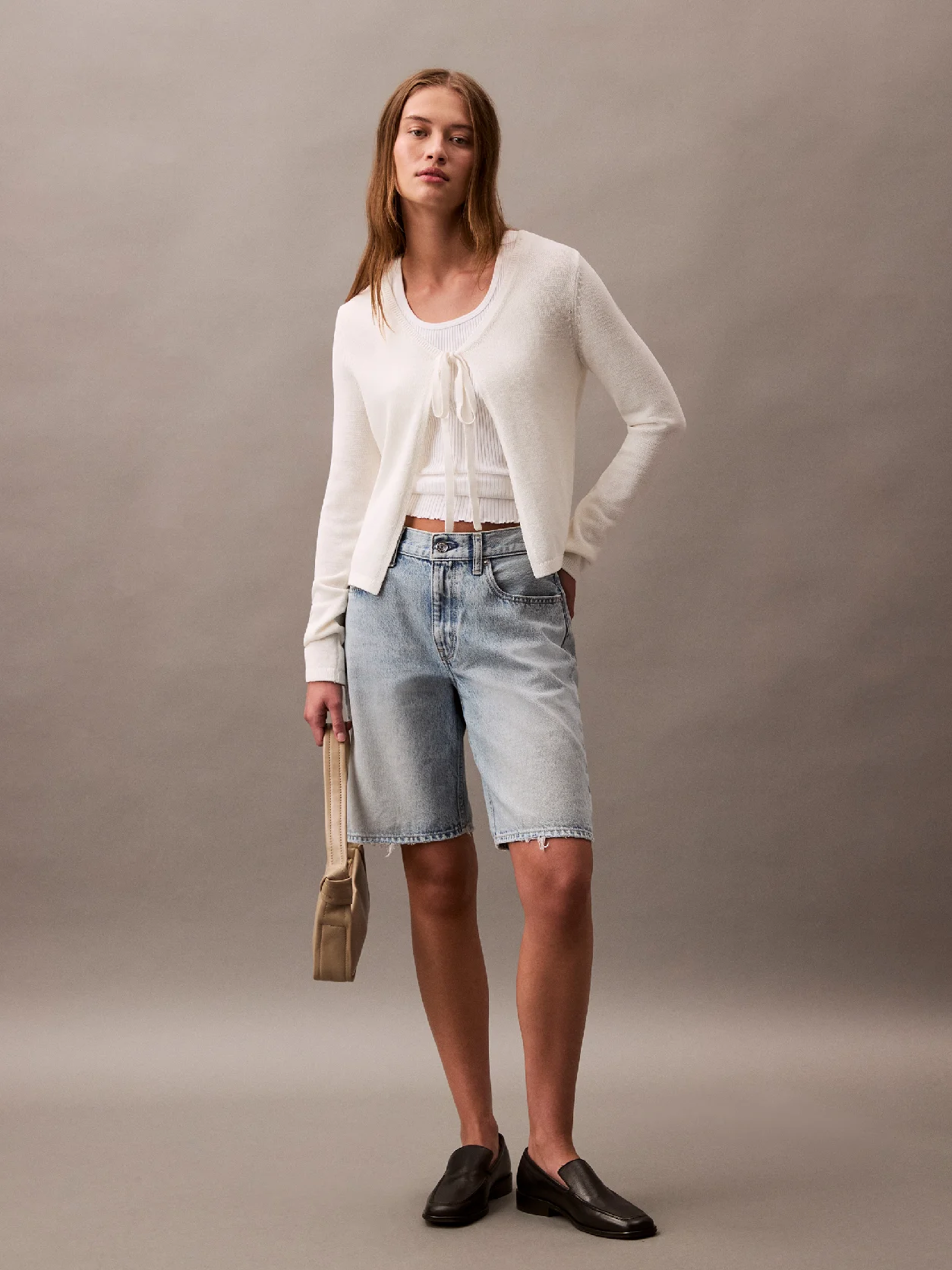 Brilliant White Cotton Blend Tie Front Cardigan