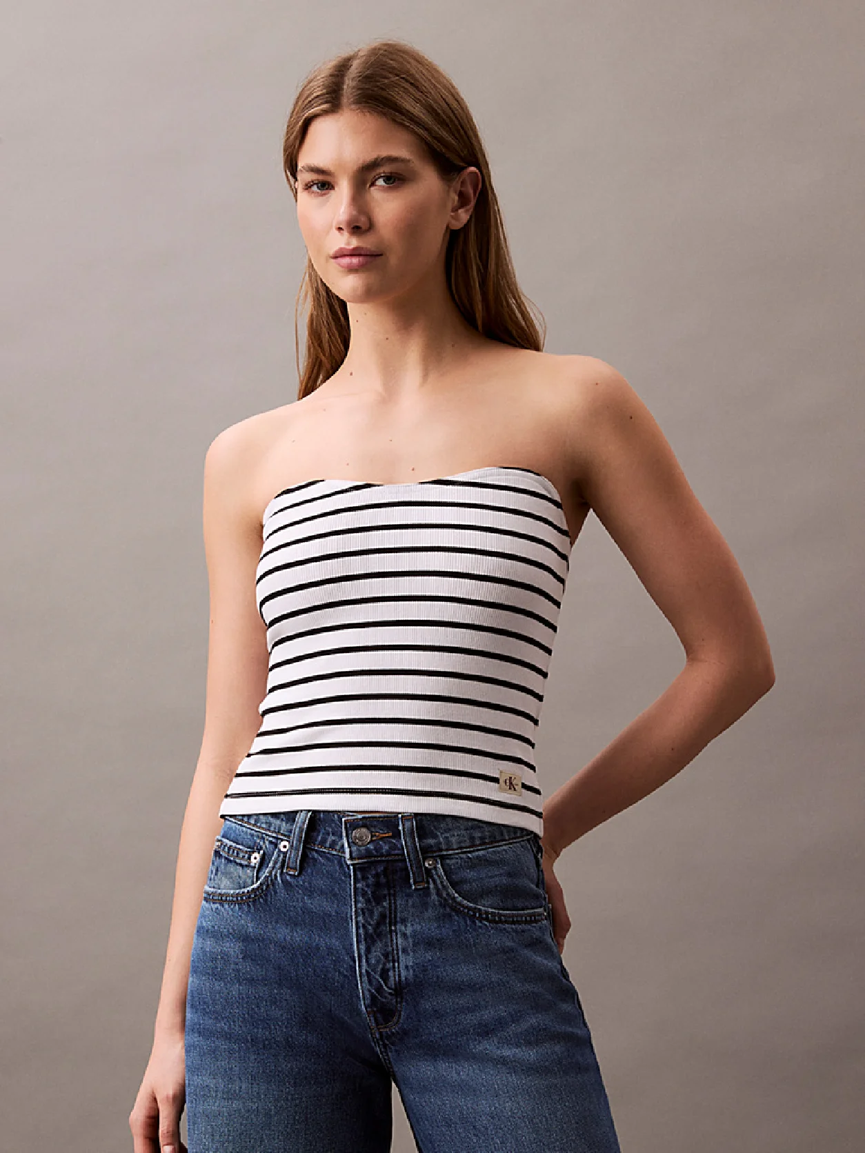 Brilliant White / Ck Black Stripe Ribbed Cotton Strapless Top