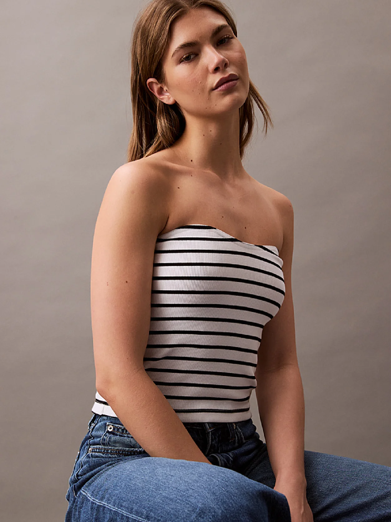 Brilliant White / Ck Black Stripe Ribbed Cotton Strapless Top