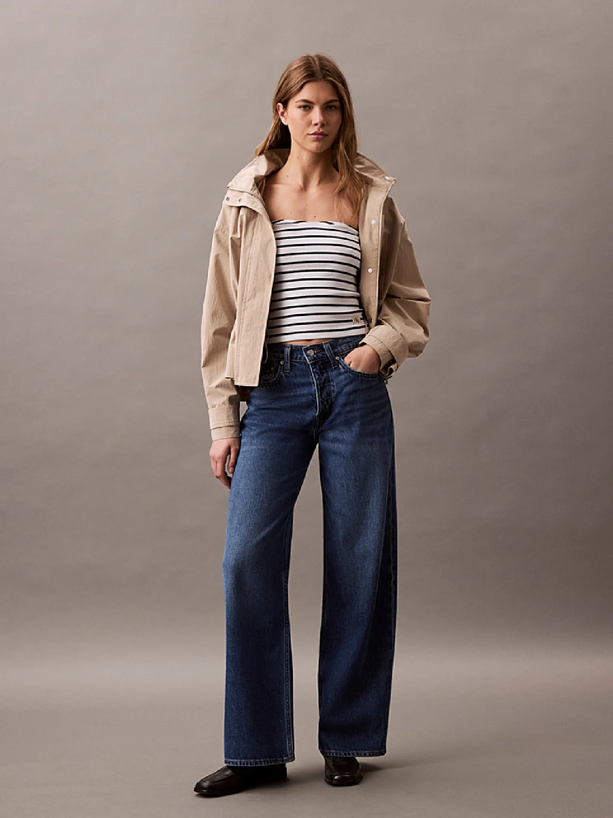 Brilliant White / Ck Black Stripe Ribbed Cotton Strapless Top