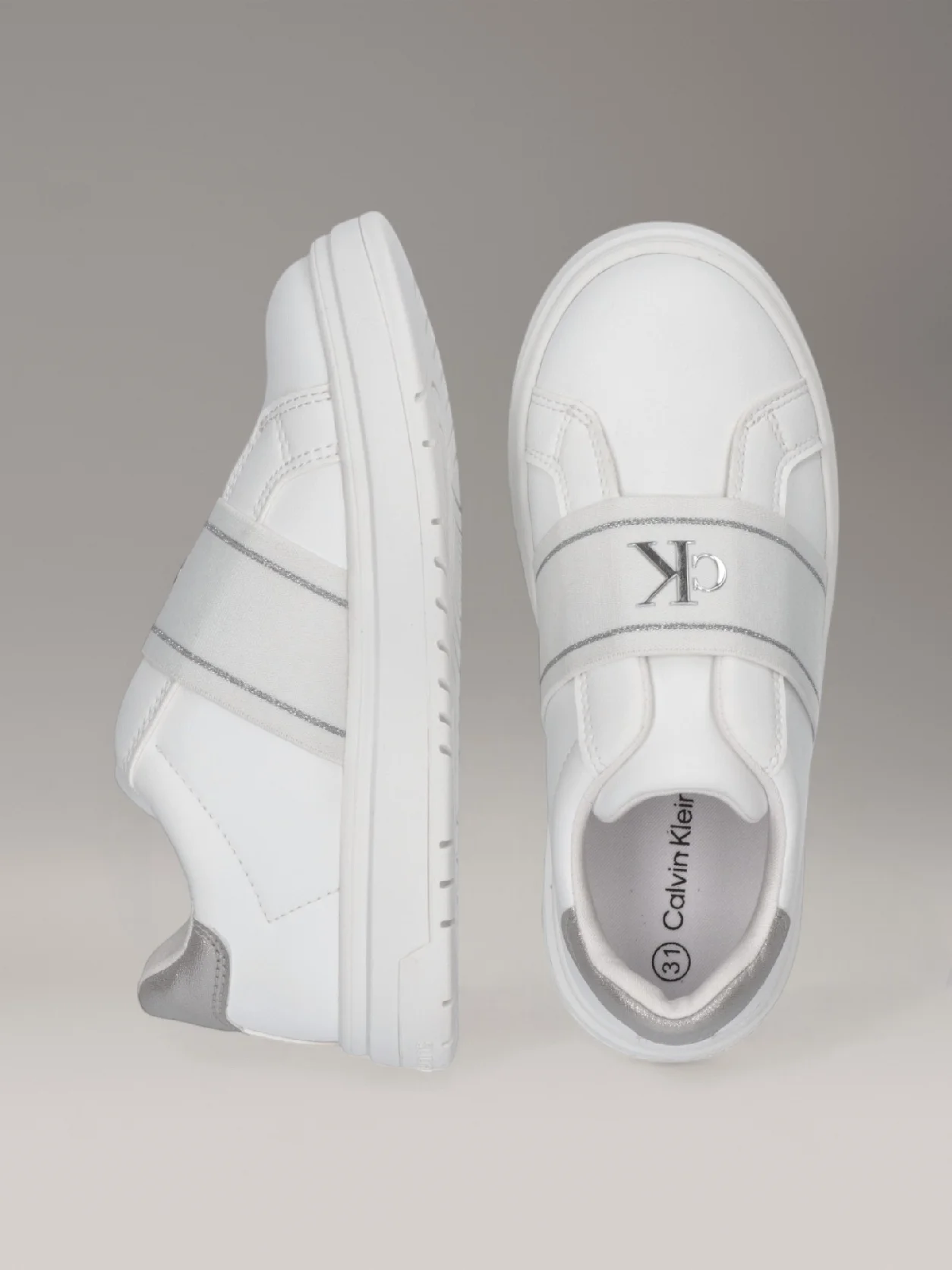 WHITE/SILVER Kids Slip-On Trainers