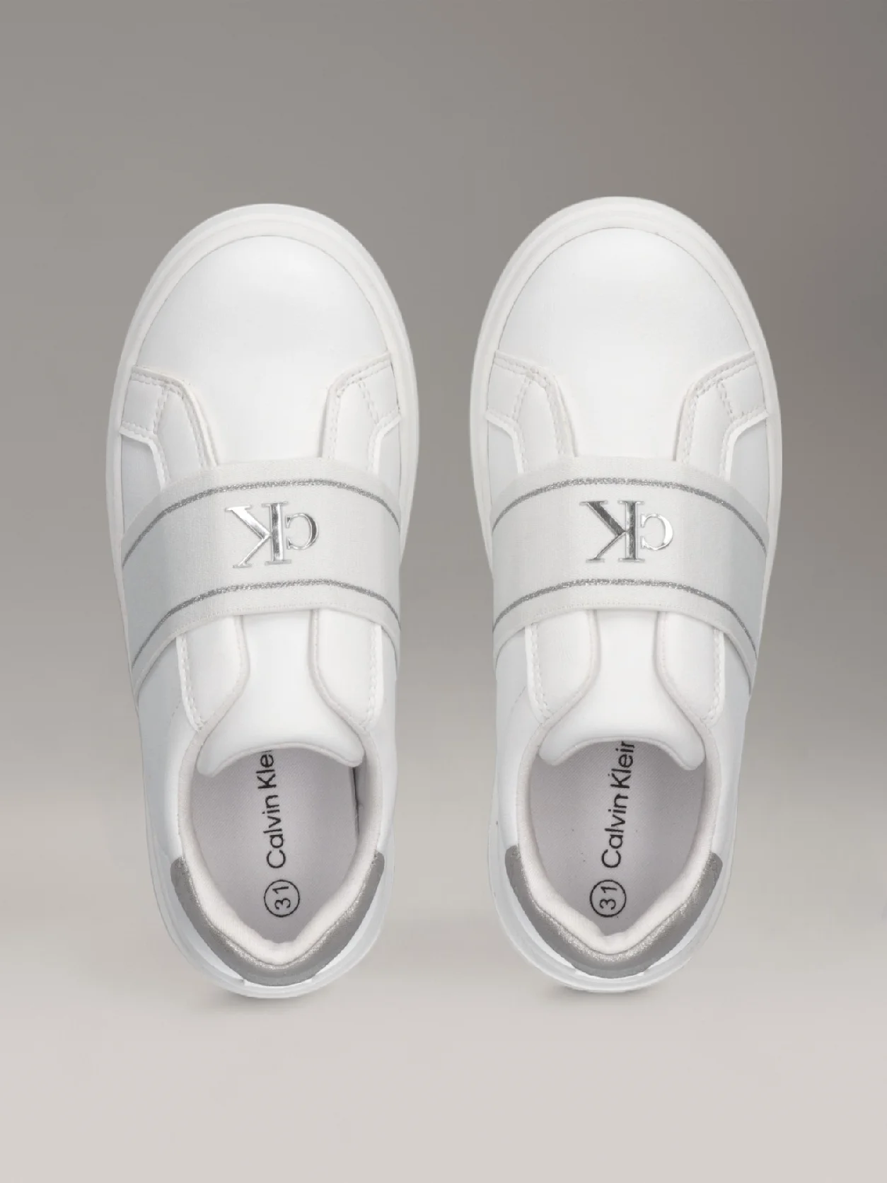 WHITE/SILVER Kids Slip-On Trainers